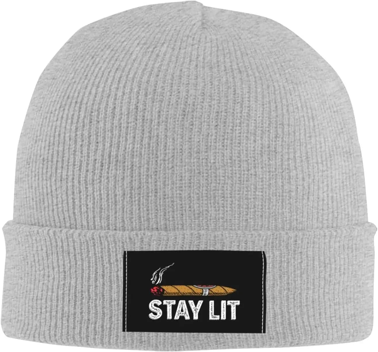 Black "Stay Lit" Cigar Beanie Hat For Men Women With Design Winter Slouchy Knit Skull Cap.