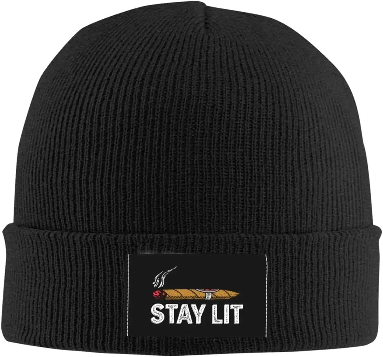 Black "Stay Lit" Cigar Beanie Hat For Men Women With Design Winter Slouchy Knit Skull Cap.