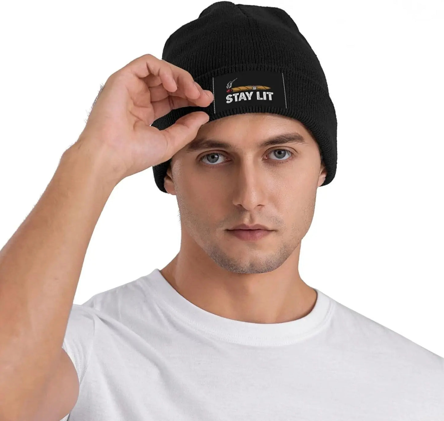 Black "Stay Lit" Cigar Beanie Hat For Men Women With Design Winter Slouchy Knit Skull Cap.