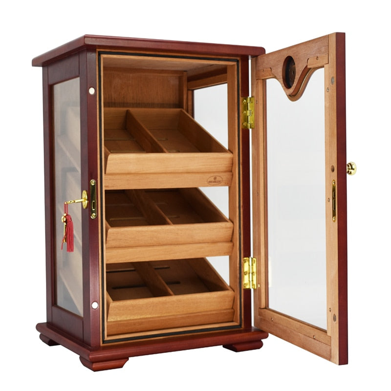 High-end Havana Cigar Humidor 3 Cedar wood Lined Trays Display Desktop Cabinet Tempered Glass Cigar Case W Hygrometer