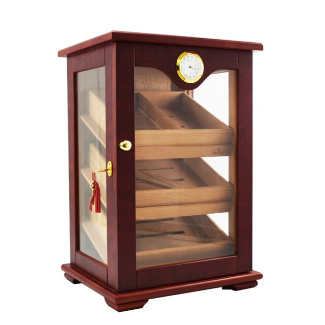 High-end Havana Cigar Humidor 3 Cedar wood Lined Trays Display Desktop Cabinet Tempered Glass Cigar Case W Hygrometer