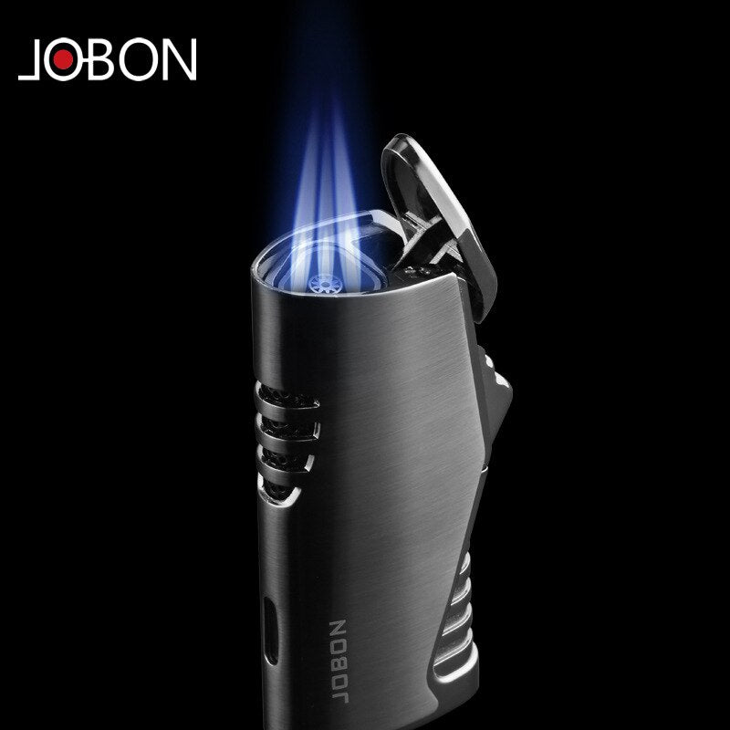 Jobon Metal Triple Torch Jet Pipe Lighter With Cigar Cutter Visible Gas Window Windproof Flame Lighter