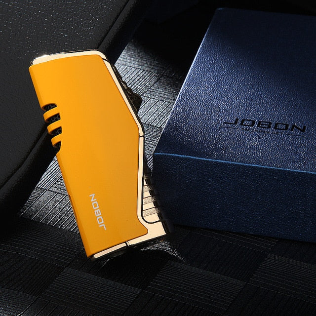 Jobon Metal Triple Torch Jet Pipe Lighter With Cigar Cutter Visible Gas Window Windproof Flame Lighter