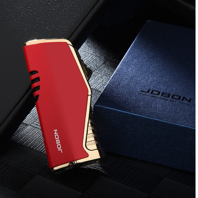 Jobon Metal Triple Torch Jet Pipe Lighter With Cigar Cutter Visible Gas Window Windproof Flame Lighter