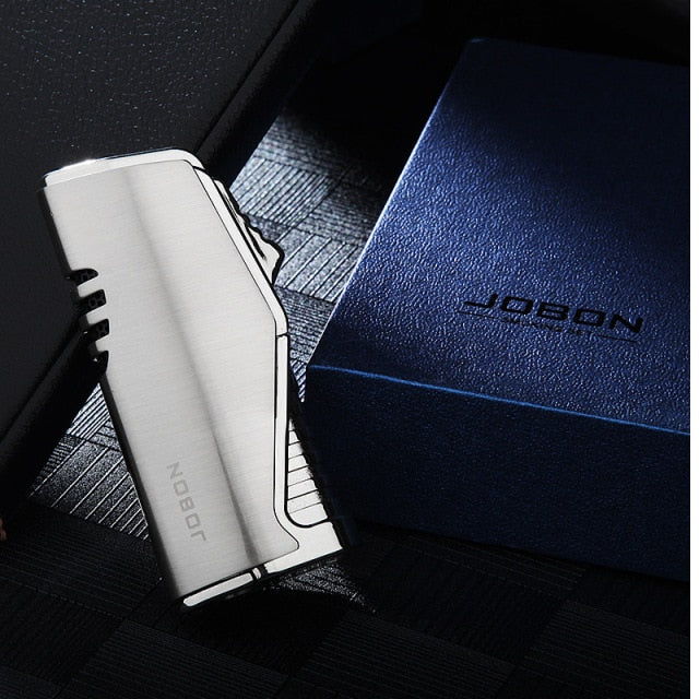 Jobon Metal Triple Torch Jet Pipe Lighter With Cigar Cutter Visible Gas Window Windproof Flame Lighter