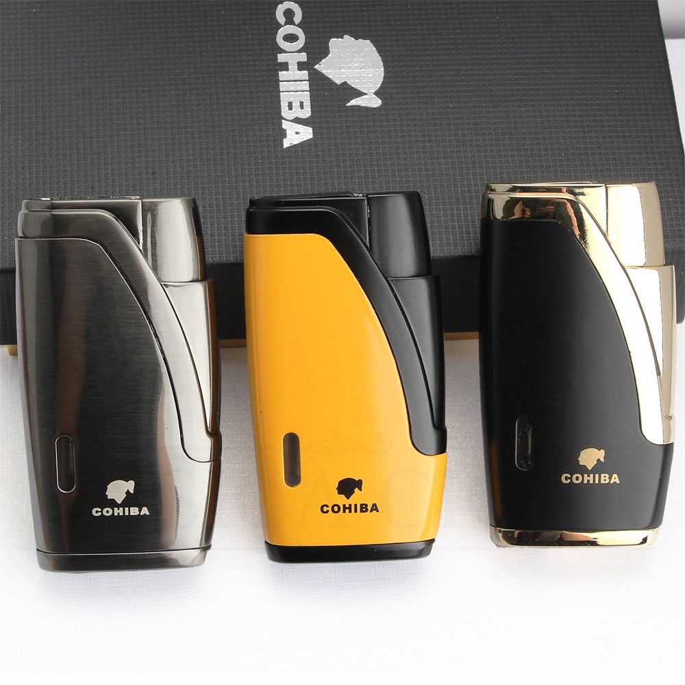 COHIBA Metal Cigar Lighter 2 Jet Torch Butane Gas Windproof pocket Size For Easy Travel.