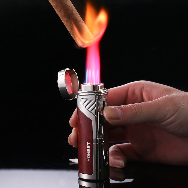 Beautiful 4 Jet Torch Flame Metal Lighter Butane Windfroof Lighter Gadget with Punch.