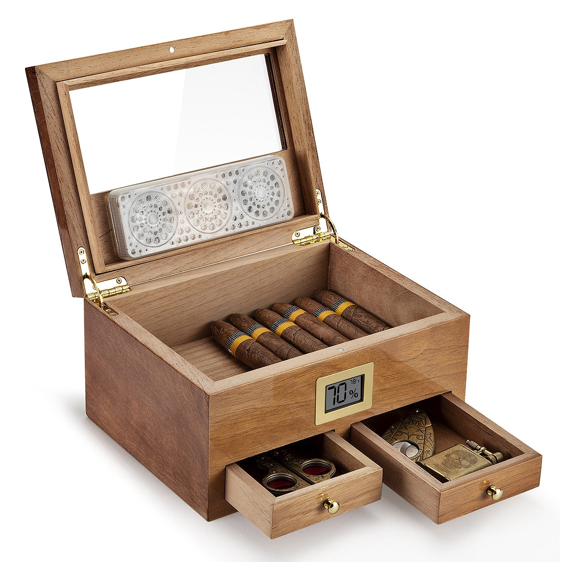 Cedar Wood Cigar Humidor W/Hygrometer Humidifier 2 Drawers Travel Cigar Storage Box Portable Cabinet Smoking Case.