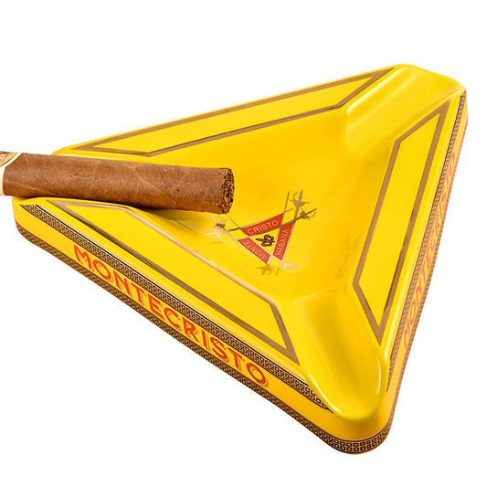 BEAUTIFUL BRIGHT YELLOW AND RED 2021 TRIANGLE MONTECRISTO Classic Ceramic Cigar Ashtray Secures 3 Average Size Cigars.