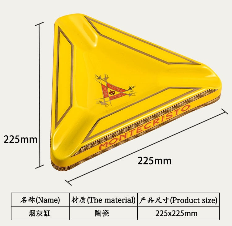 BEAUTIFUL BRIGHT YELLOW AND RED 2021 TRIANGLE MONTECRISTO Classic Ceramic Cigar Ashtray Secures 3 Average Size Cigars.