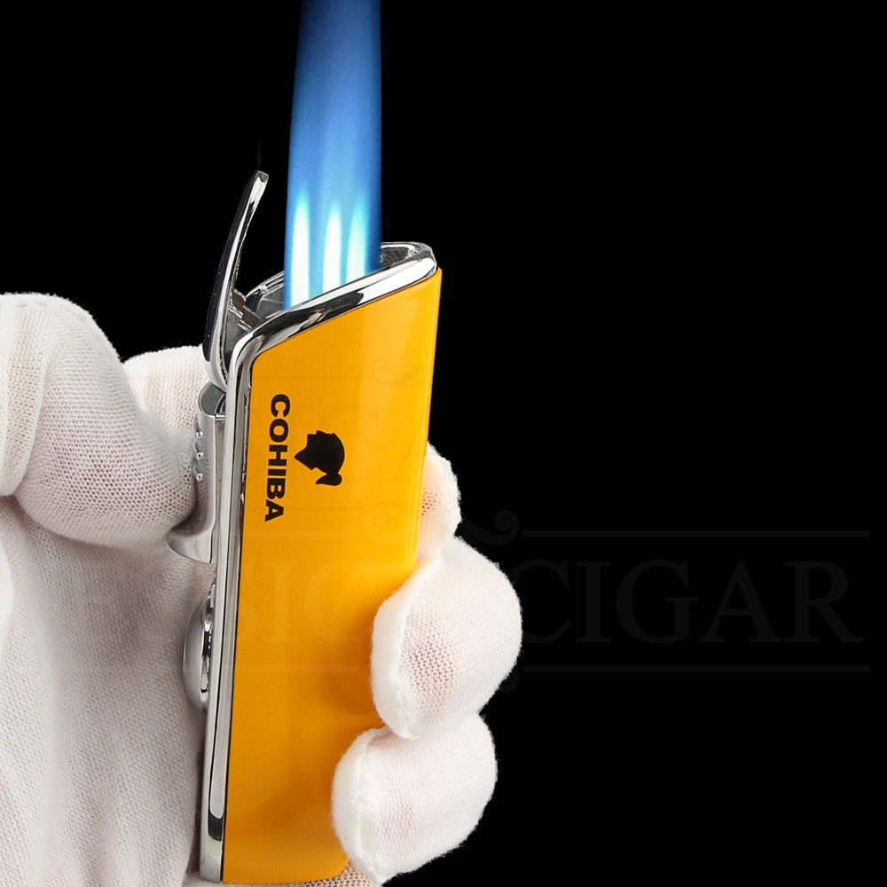 COHIBA Mini Pocket Cigar Lighter Metal Windproof 3 Jet Blue Flame Torch With Cigar Punch No Gift Box