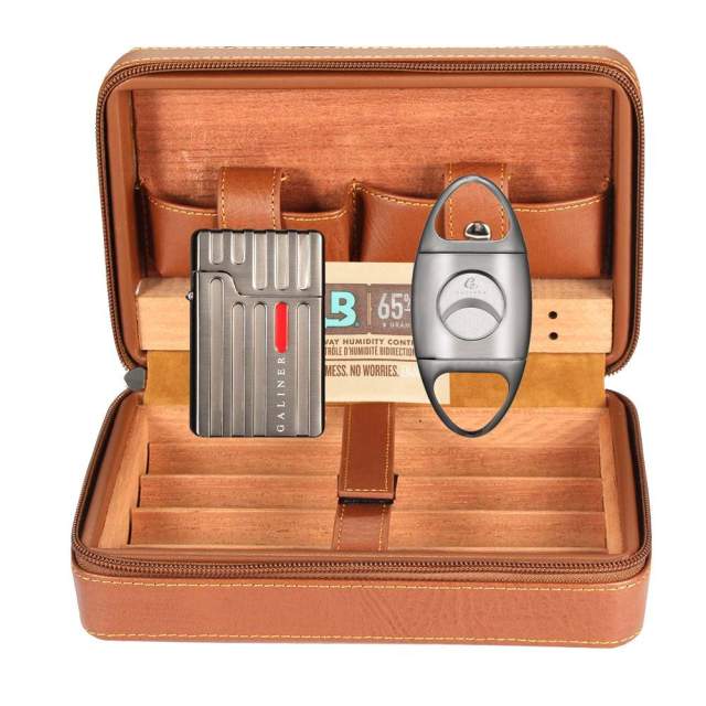 Cigar Case Galiner Leather Humidor W 2 Torch Lighter Cigar Cutter Boveda 8g Humifidifer Bag Travel Cigar Humidor Accessories Set.