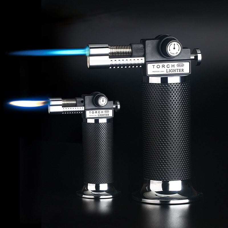 Cigar Torch Lighter Windproof Indoor Outdoor High Capacity Torch Turbine Lighter Spray Gun Black And Silver.