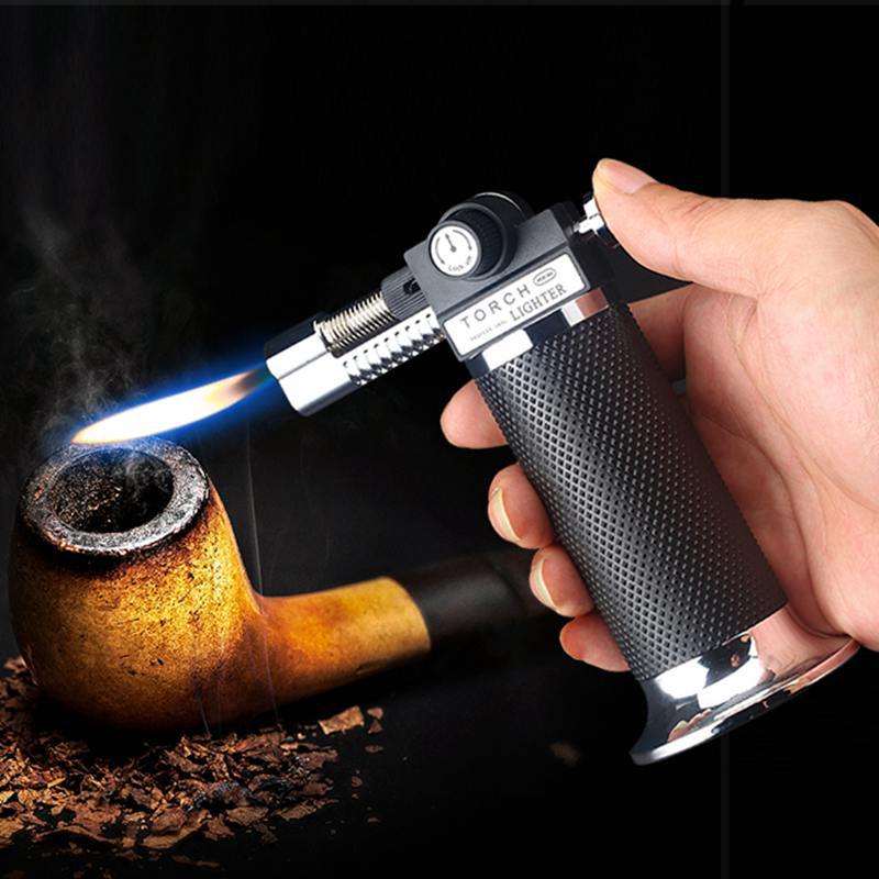 Cigar Torch Lighter Windproof Indoor Outdoor High Capacity Torch Turbine Lighter Spray Gun Black And Silver.