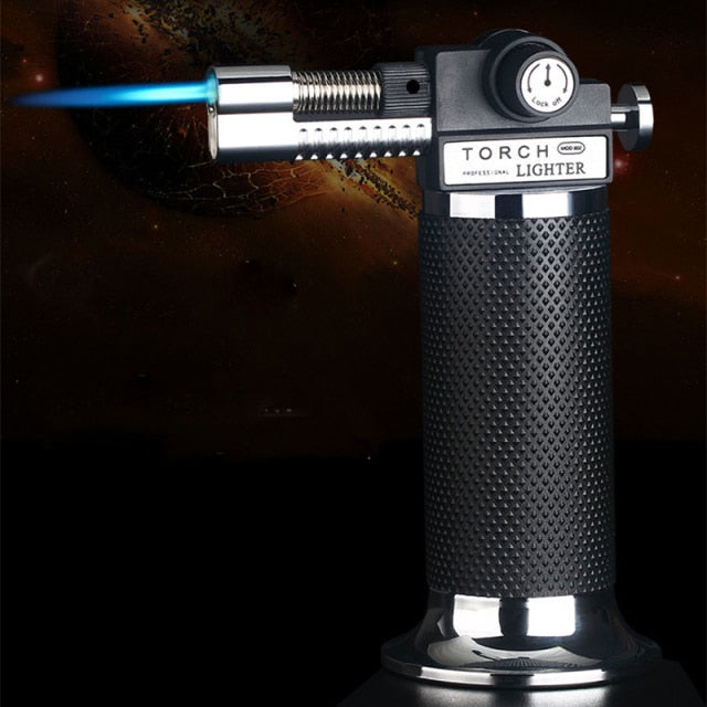 Cigar Torch Lighter Windproof Indoor Outdoor High Capacity Torch Turbine Lighter Spray Gun Black And Silver.