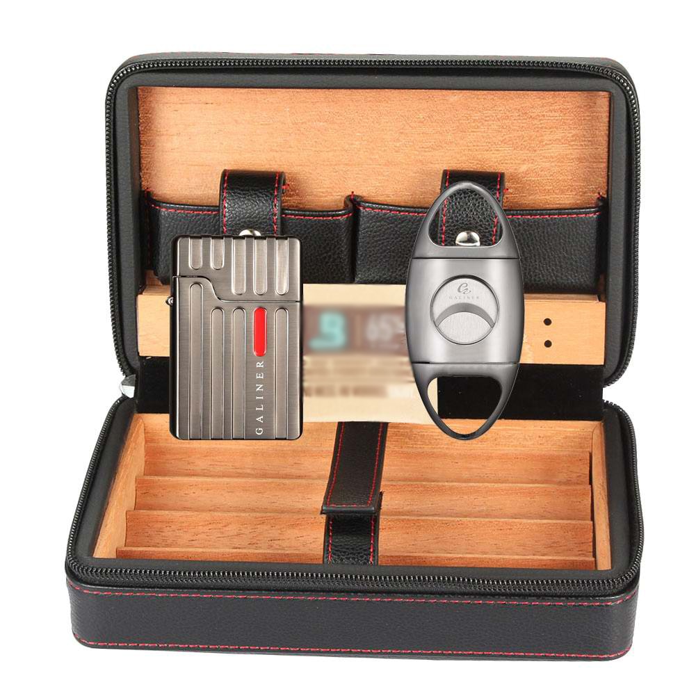 Cigar Case Galiner Leather Humidor W 2 Torch Lighter Cigar Cutter Boveda 8g Humifidifer Bag Travel Cigar Humidor Accessories Set.