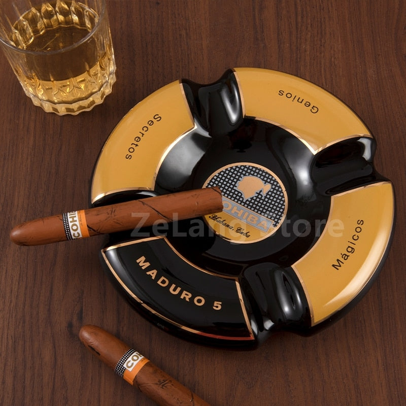 COHIBA Classic Round 4 Cigar Ashtray Holder Cohiba High-End China Ceramic Design From The Actual Cigar Label.