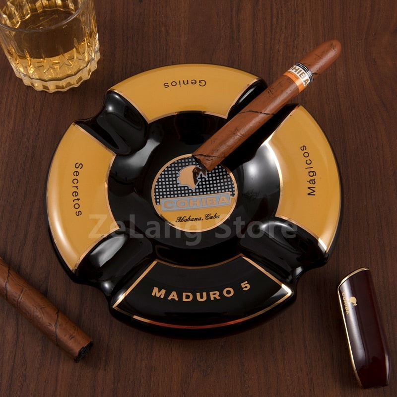 COHIBA Classic Round 4 Cigar Ashtray Holder Cohiba High-End China Ceramic Design From The Actual Cigar Label.