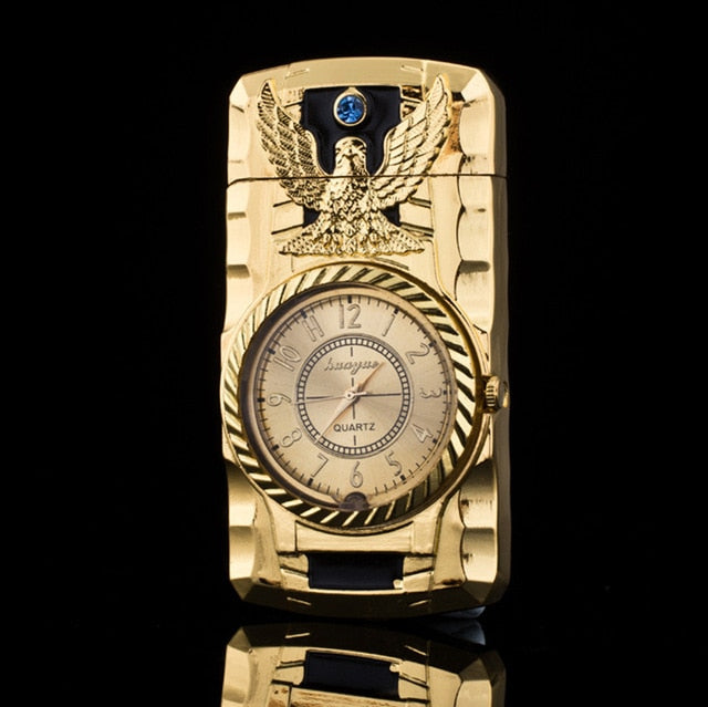 Butane Windproof Lighter Luxury Gold Watch LED Luminous Jet Turbine Gas Cigar Lighter Accessory.