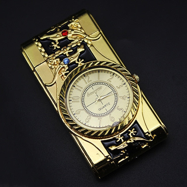 Butane Windproof Lighter Luxury Gold Watch LED Luminous Jet Turbine Gas Cigar Lighter Accessory.