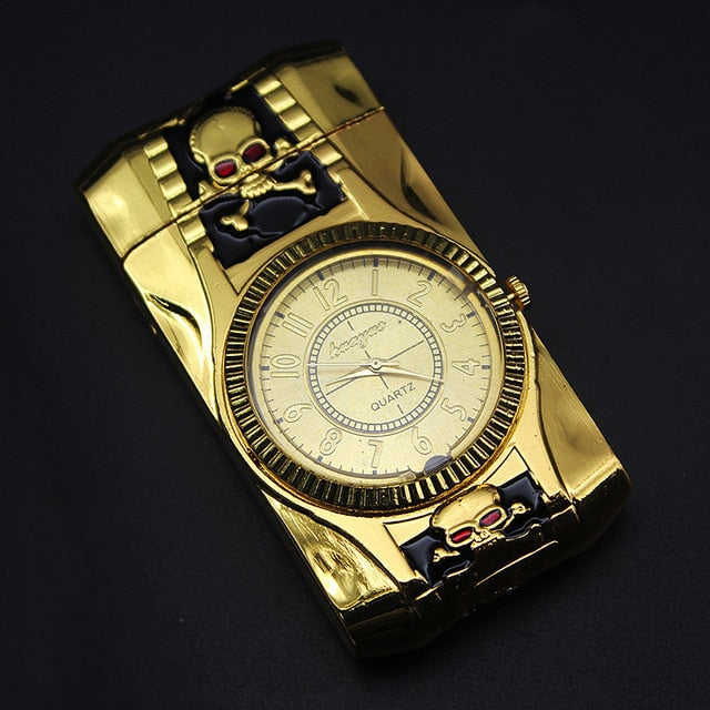 Butane Windproof Lighter Luxury Gold Watch LED Luminous Jet Turbine Gas Cigar Lighter Accessory.