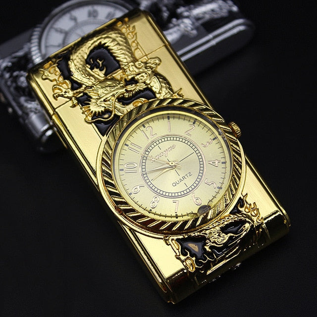 Butane Windproof Lighter Luxury Gold Watch LED Luminous Jet Turbine Gas Cigar Lighter Accessory.