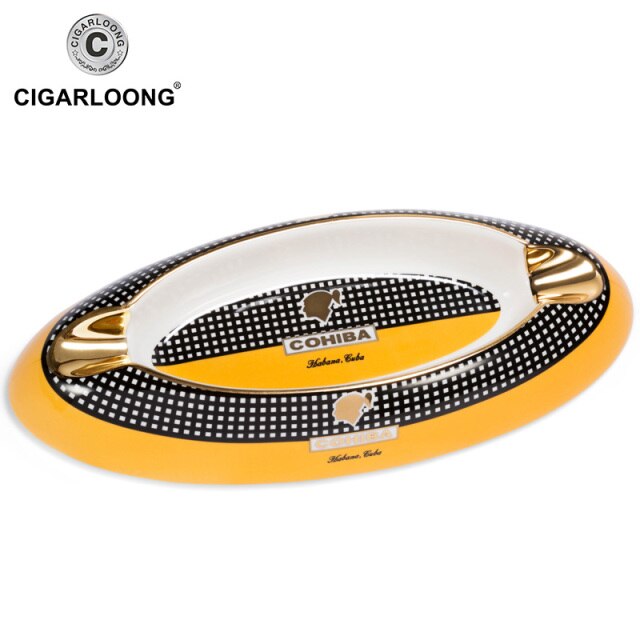 COHIBA Cigar Ashtray Black And White 2 Gold Cigar Holders Large Diameter Ceramic AshTray.