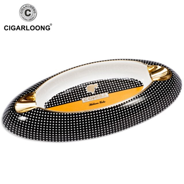 COHIBA Cigar Ashtray Black And White 2 Gold Cigar Holders Large Diameter Ceramic AshTray.