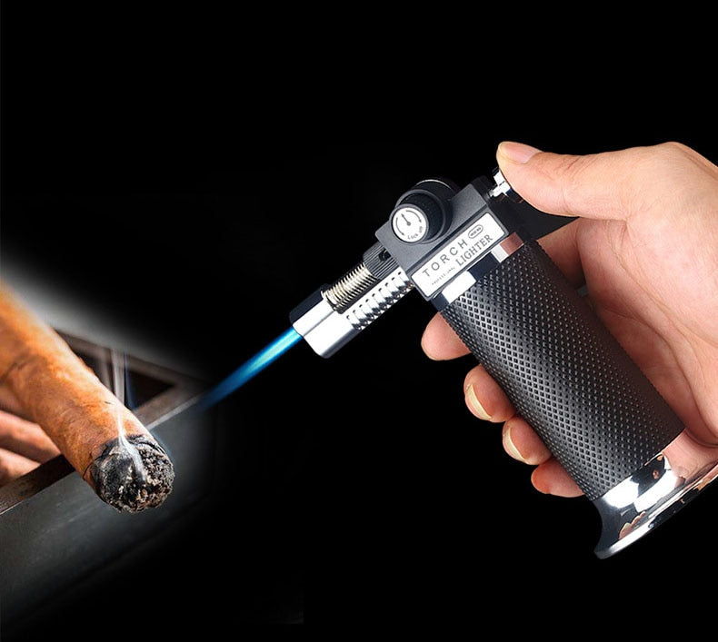 Cigar Torch Lighter Windproof Indoor Outdoor High Capacity Torch Turbine Lighter Spray Gun Black And Silver.