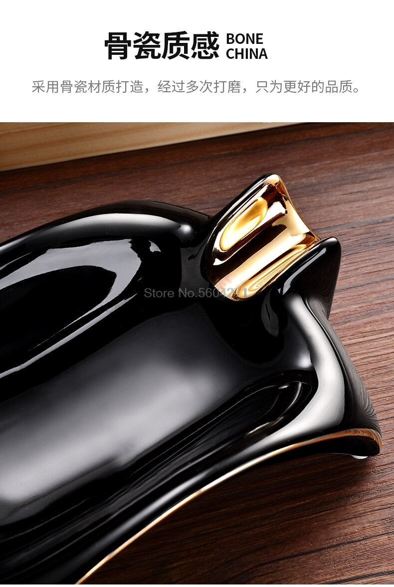 Cigar Ashtray Bone Style Shape Large Beautiful White Or Black With 2 Gold Cigar Holders.