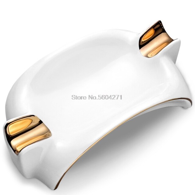 Cigar Ashtray Bone Style Shape Large Beautiful White Or Black With 2 Gold Cigar Holders.