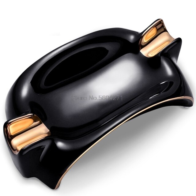 Cigar Ashtray Bone Style Shape Large Beautiful White Or Black With 2 Gold Cigar Holders.