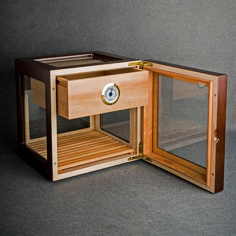 Large Cigar Box Display Box Humidor Glass Side for 50 Cigars with Cigar Hygrometer &amp; Humidifier Wooden Cigar Humidor CH-020