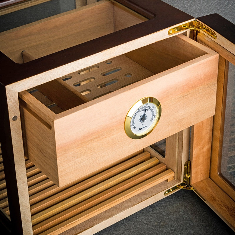 Large Cigar Box Display Box Humidor Glass Side for 50 Cigars with Cigar Hygrometer &amp; Humidifier Wooden Cigar Humidor CH-020