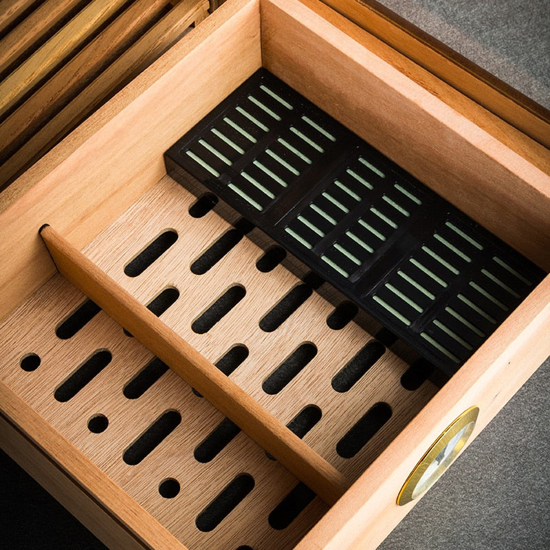 Large Cigar Box Display Box Humidor Glass Side for 50 Cigars with Cigar Hygrometer &amp; Humidifier Wooden Cigar Humidor CH-020