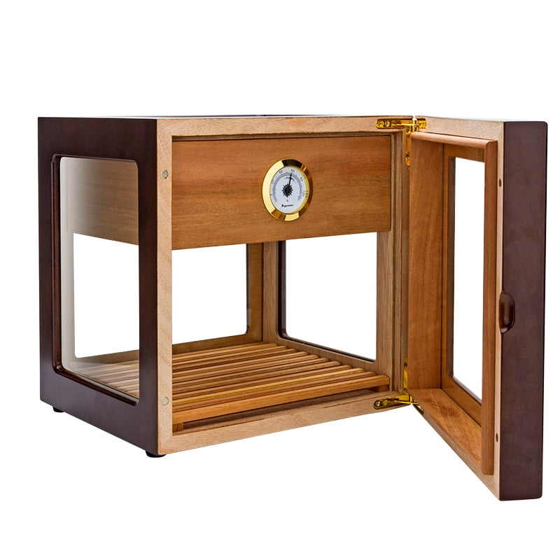 Large Cigar Box Display Box Humidor Glass Side for 50 Cigars with Cigar Hygrometer &amp; Humidifier Wooden Cigar Humidor CH-020