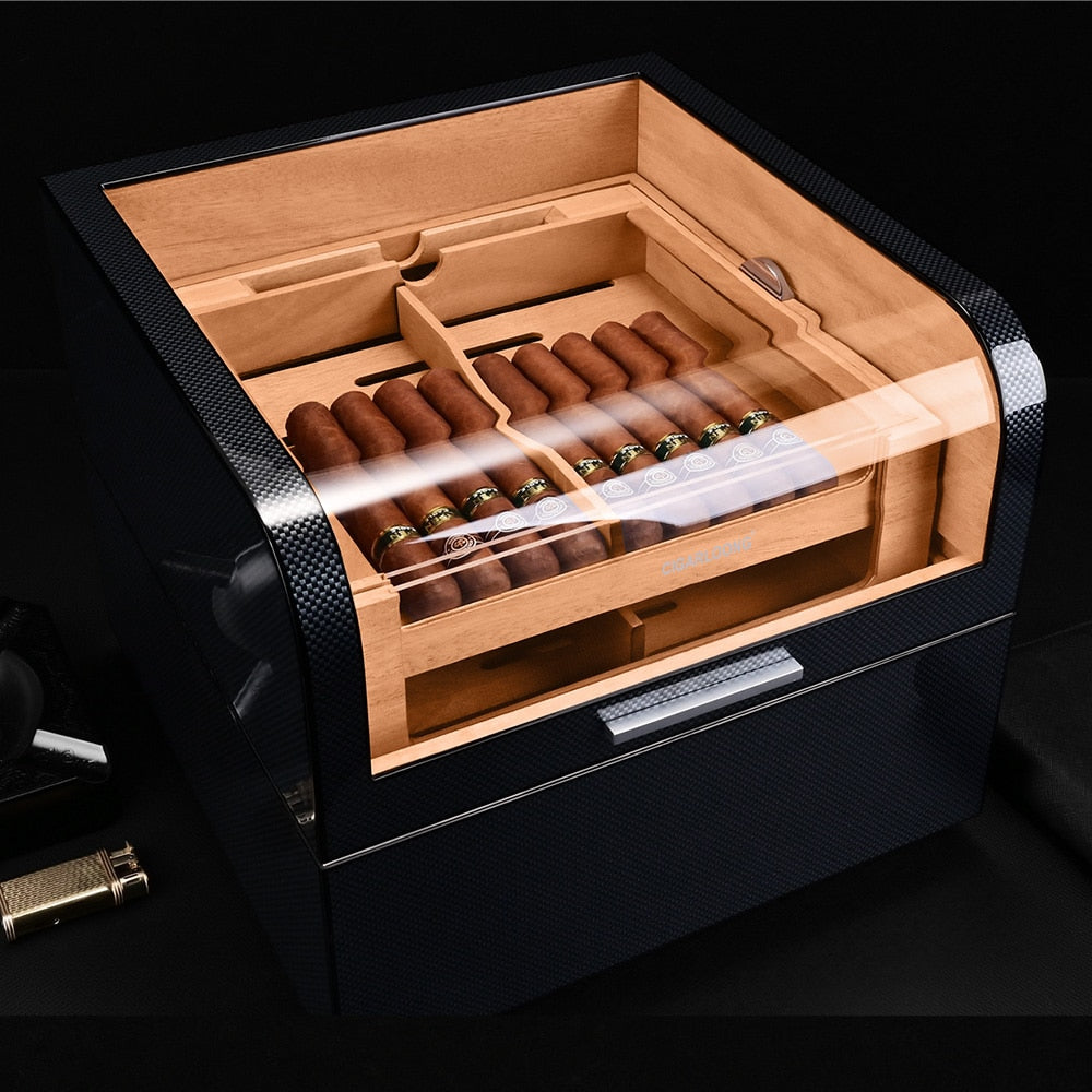 Cigar Humidor Box Large Capacity Fit 220 Cigars Luxury Cigar Cabinet Carbon Fiber Cigar Cedar Wood Display Humidor Transparent