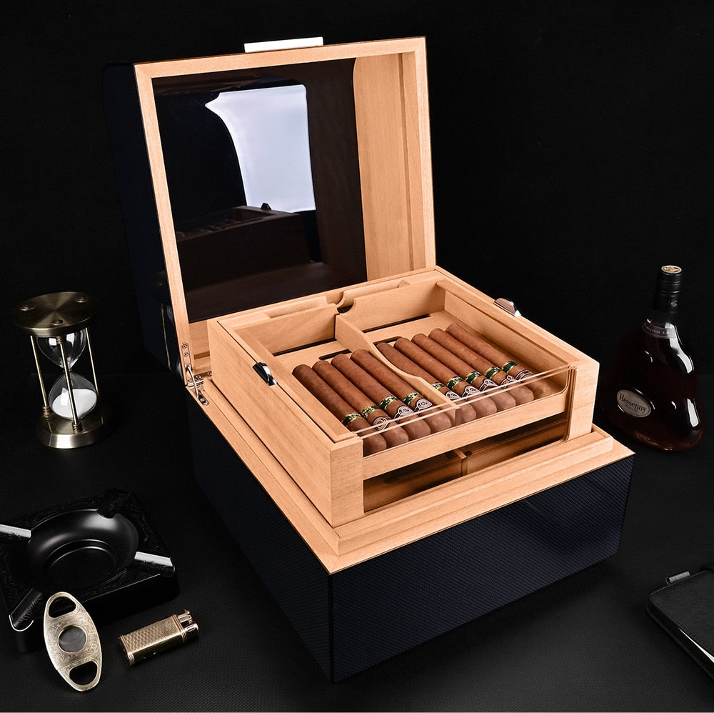 Cigar Humidor Box Large Capacity Fit 220 Cigars Luxury Cigar Cabinet Carbon Fiber Cigar Cedar Wood Display Humidor Transparent