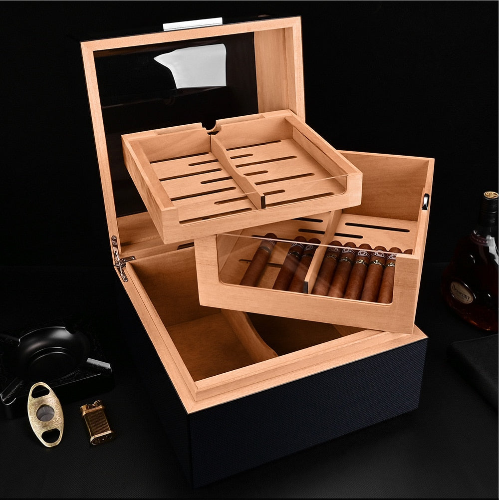 Cigar Humidor Box Large Capacity Fit 220 Cigars Luxury Cigar Cabinet Carbon Fiber Cigar Cedar Wood Display Humidor Transparent