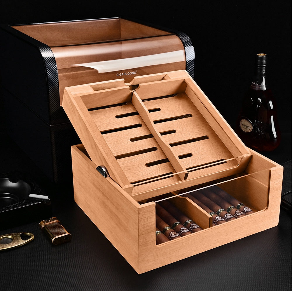 Cigar Humidor Box Large Capacity Fit 220 Cigars Luxury Cigar Cabinet Carbon Fiber Cigar Cedar Wood Display Humidor Transparent