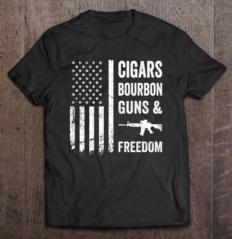 Cigars Bourbon Guns Freedom USA Flag T-Shirt For Men And Women One Color Multi Size.